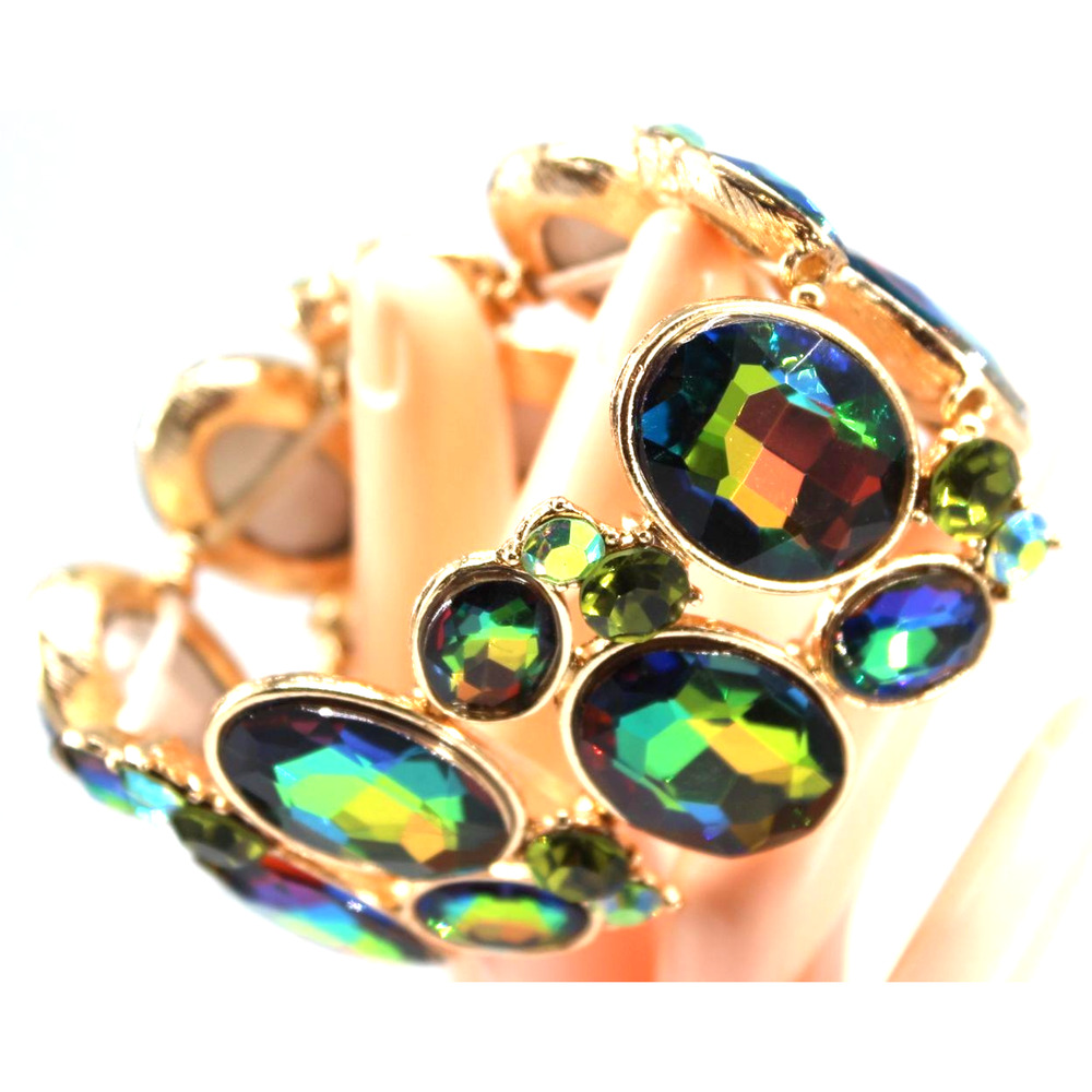 Aurora Borealis Large Rhinestone Cuff Bracelet • 1.5" Wide • Elastic Stretch